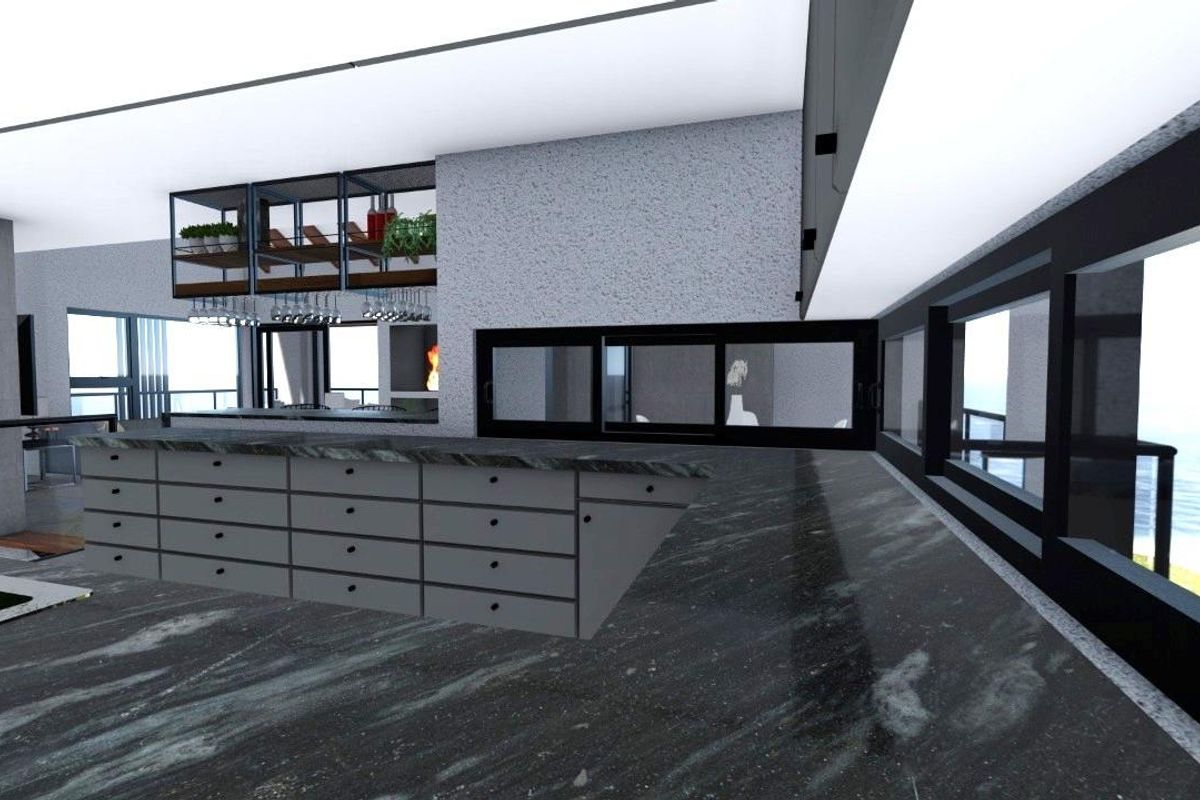 A modern, high-end kitchen featuring a large stone island, sleek cabinetry, and expansive sliding glass doors with views, presented as a 3D architectural render.