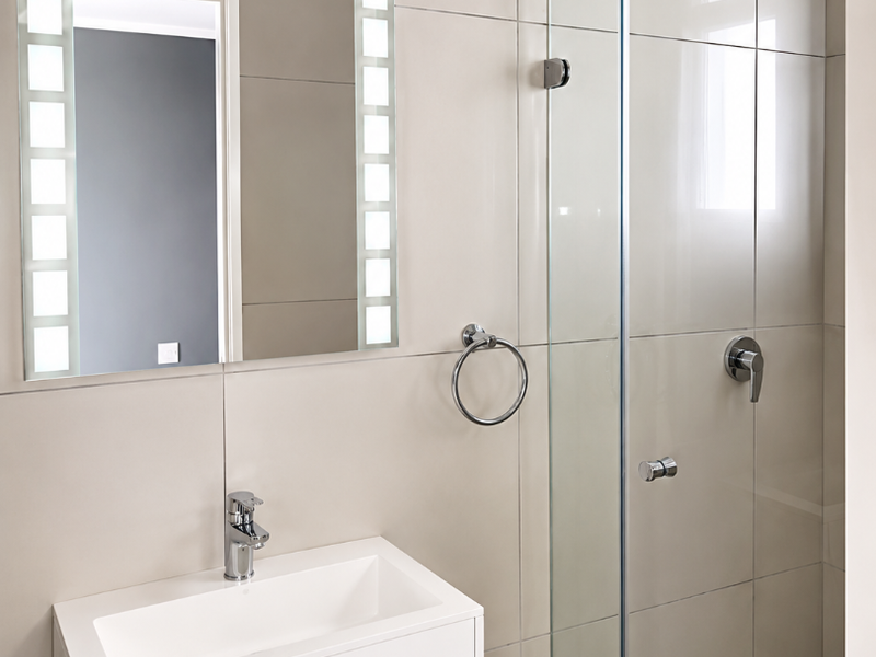 Modern bathroom featuring a sleek vanity with basin, illuminated mirror, and a glass-enclosed shower with contemporary chrome fixtures and neutral wall tiling.