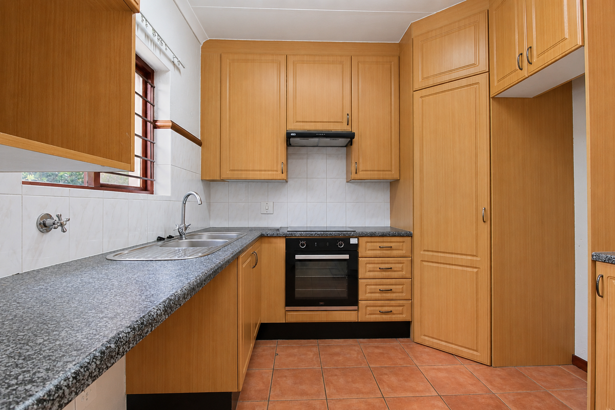 A functional kitchen featuring light wood-tone cabinetry, granite-look laminate countertops, built-in oven, electric hob, and terracotta floor tiles.