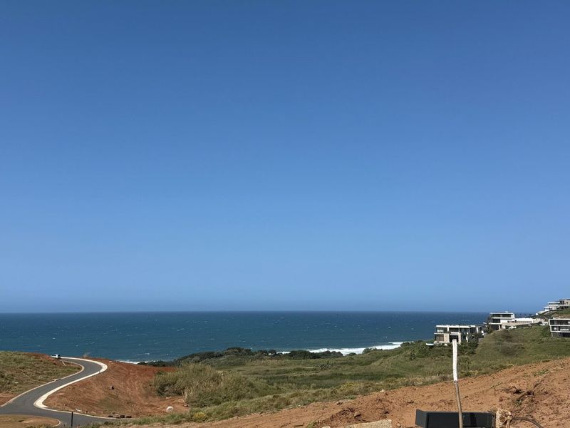 A scenic elevated view overlooking the coastline, featuring a paved road winding through the undeveloped residential land.