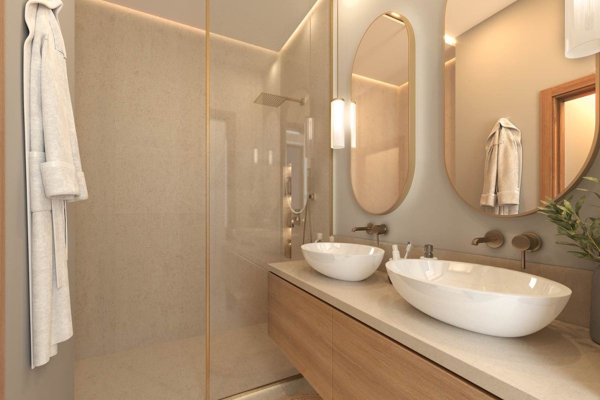 Modern bathroom featuring a floating wooden vanity with dual vessel sinks, wall-mounted faucets, oval mirrors, and a glass-enclosed walk-in shower with rainfall showerhead.
