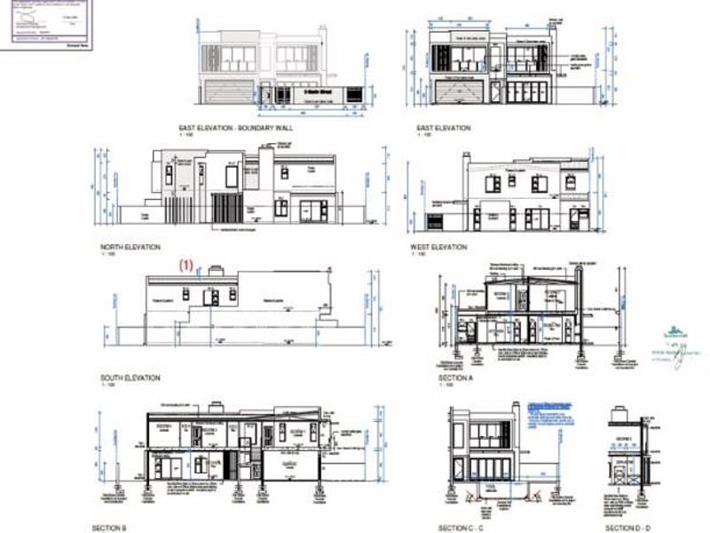 Architectural floor plan and elevation drawings detailing the structural layout and design specifications of the property.