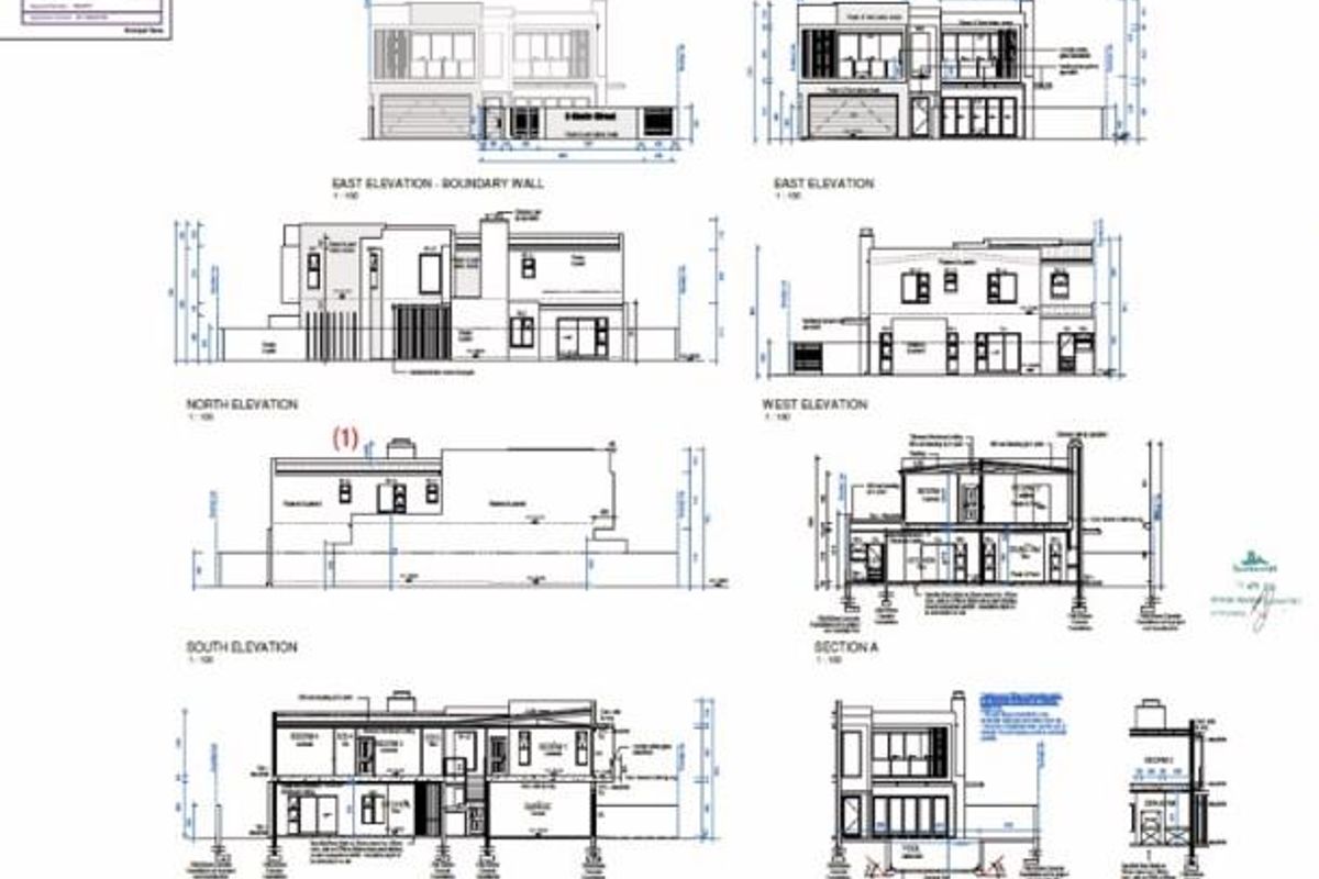 Architectural floor plan and elevation drawings detailing the structural layout and design specifications of the property.