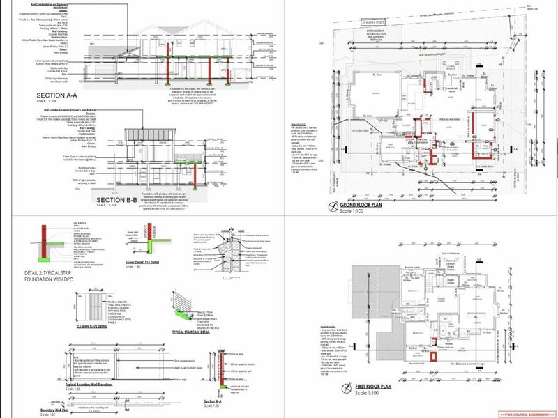 A comprehensive architectural document showing floor plans, building sections, foundation details, and boundary wall elevations for council submission.