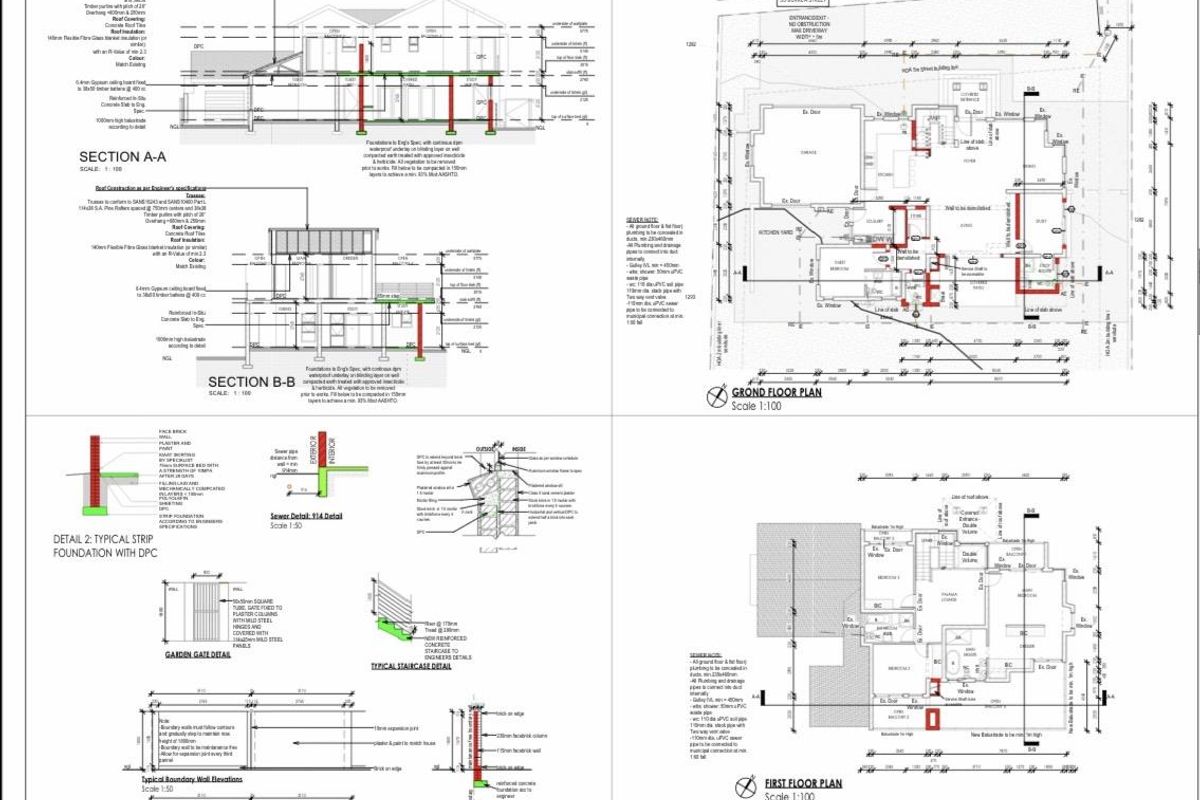 A comprehensive architectural document showing floor plans, building sections, foundation details, and boundary wall elevations for council submission.