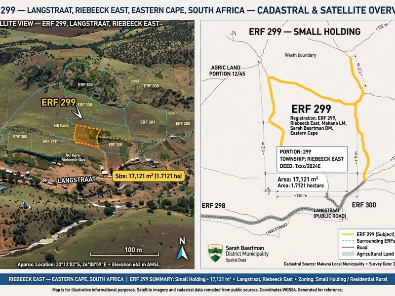 A detailed cadastral and satellite overview map of Erf 299, a 1.7121 hectare small holding in Riebeeck East, Eastern Cape.