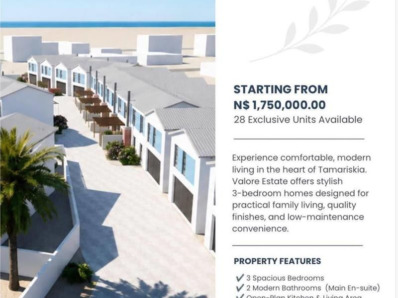 Marketing brochure featuring an architectural rendering of the Valore Estate townhouse development in Tamariskia, Swakopmund.