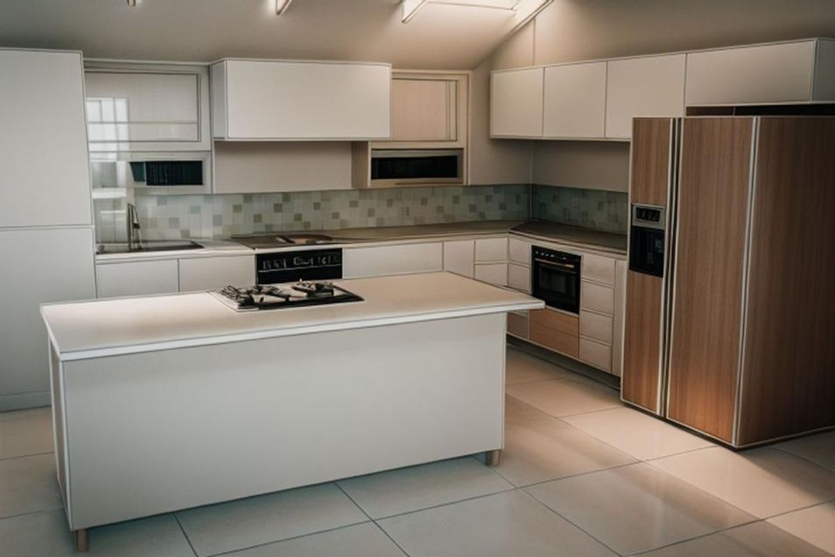 A modern kitchen featuring a central island with a built-in gas cooktop, integrated cabinetry, and sleek tiled flooring.