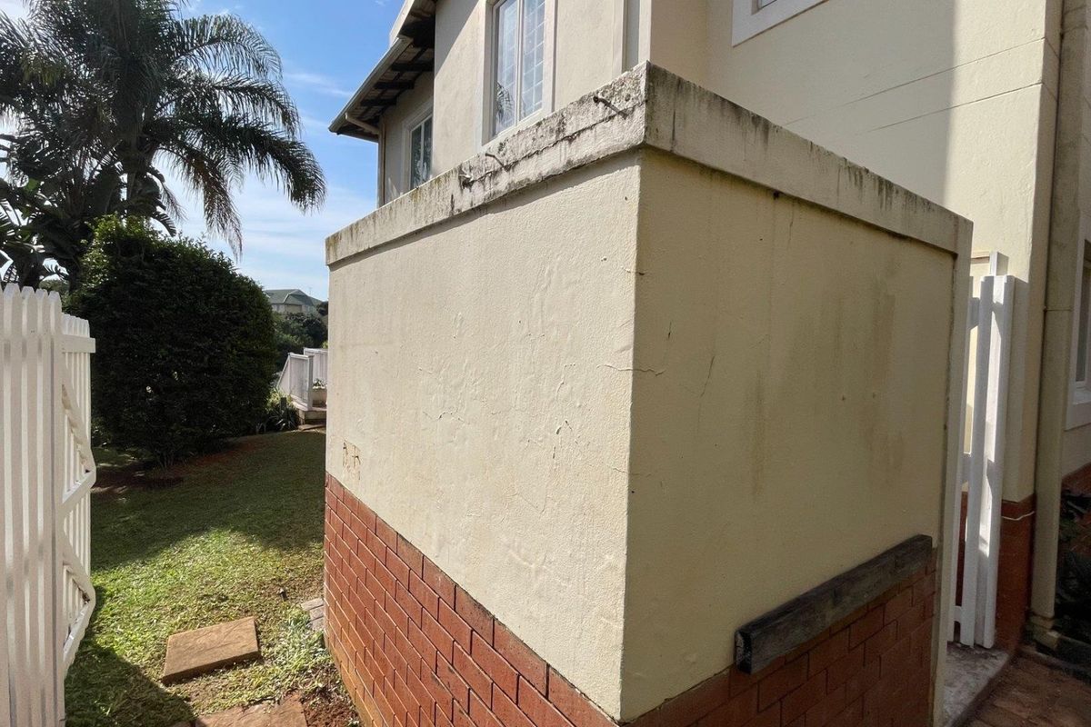 A view of the rear exterior area featuring a brick and plastered masonry wall with visible signs of weathering and paint deterioration.