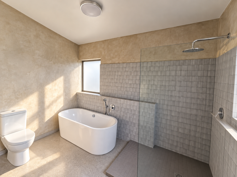Modern bathroom featuring a freestanding bathtub, a spacious walk-in shower with a glass screen, and contemporary tiled finishes.