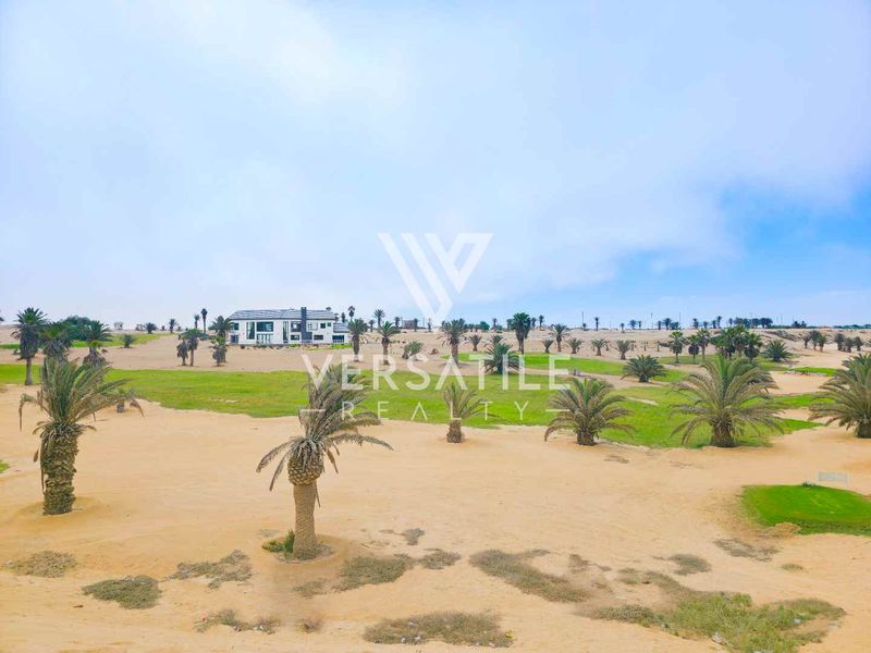 An aerial view of a residential land plot featuring sandy terrain, scattered palm trees, and manicured green spaces with a distant building.