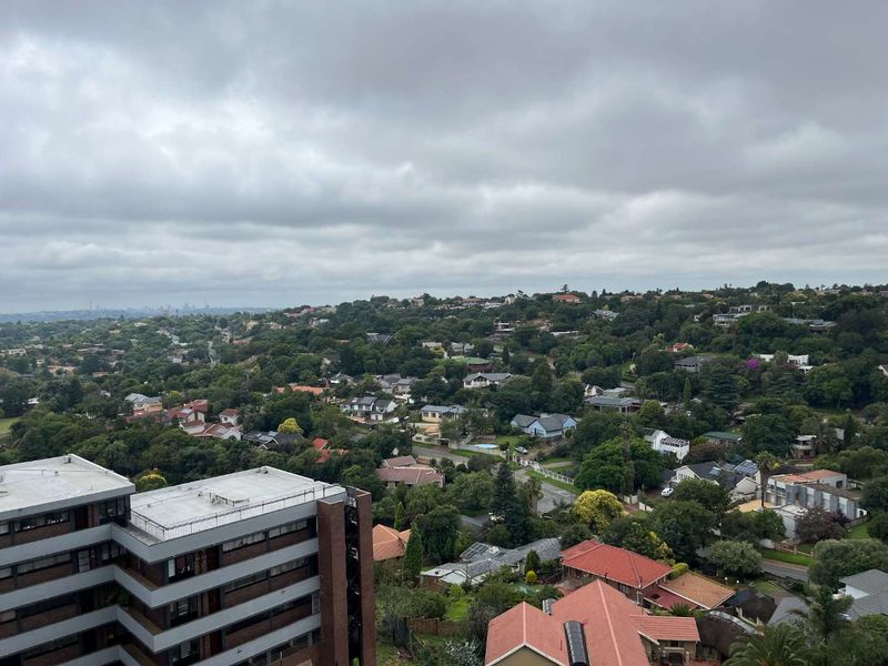 Elevated panoramic view overlooking a suburban residential neighborhood with lush greenery and surrounding apartment buildings.
