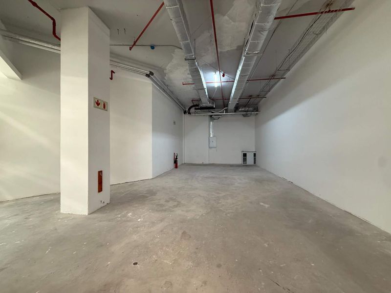 An open-plan utility or storage space featuring exposed industrial ductwork, concrete flooring, and fire safety infrastructure, suitable for various commercial fit-out requirements.