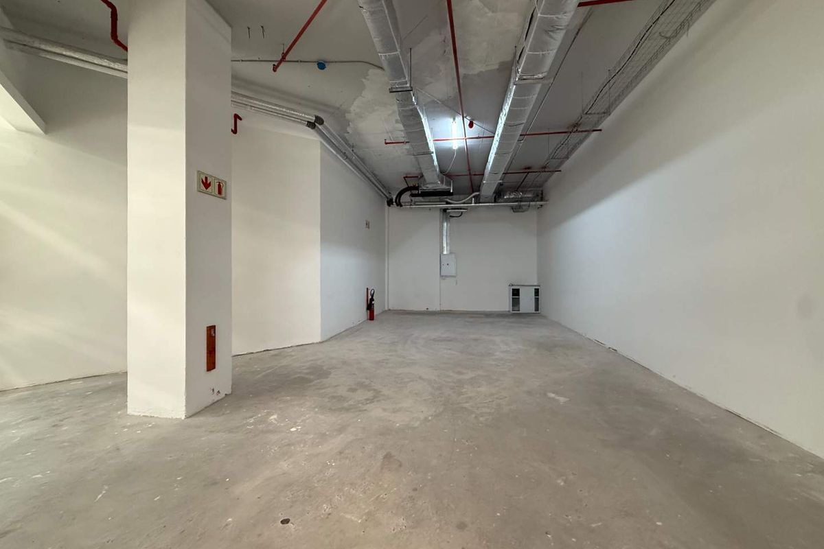 An open-plan utility or storage space featuring exposed industrial ductwork, concrete flooring, and fire safety infrastructure, suitable for various commercial fit-out requirements.