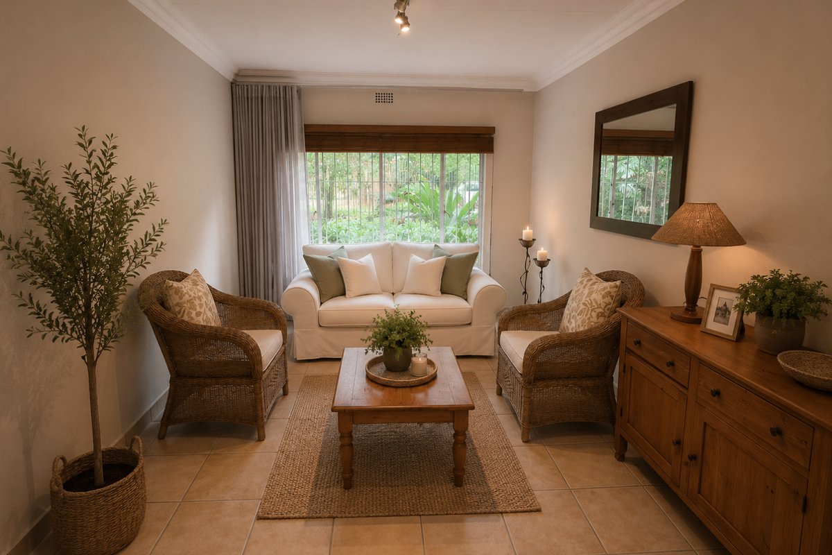 A cozy living room featuring ceramic tile flooring, crown molding, and a large window with security bars, providing a comfortable and well-maintained space.