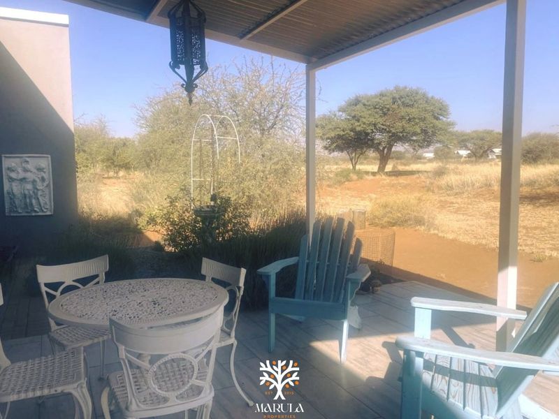 A covered outdoor patio area featuring tiled flooring and a corrugated metal roof, overlooking a natural bushveld landscape.