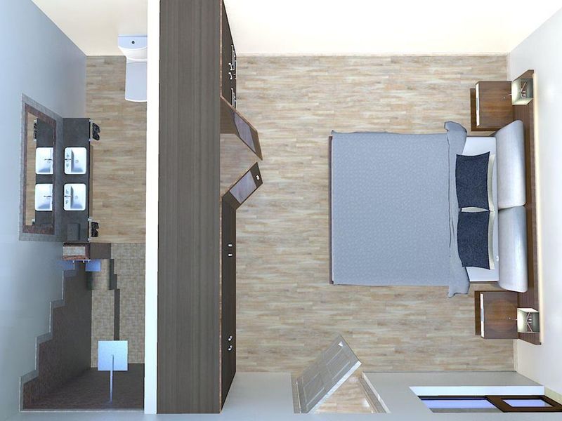 A top-down 3D architectural render showing the layout of a bedroom with an en-suite bathroom, featuring built-in cabinetry and modern fixtures.