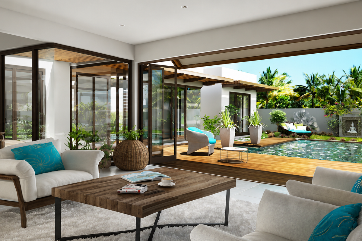 A bright open-plan living area featuring large sliding glass doors that open onto a wooden deck with a swimming pool.