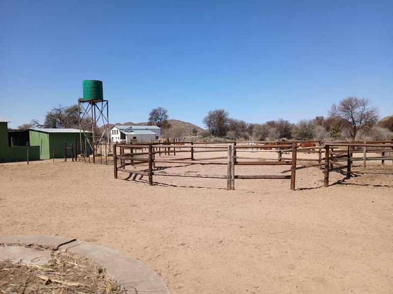 Outdoor area featuring a circular timber training ring, a raised water tank, and auxiliary outbuildings on a rural small holding.
