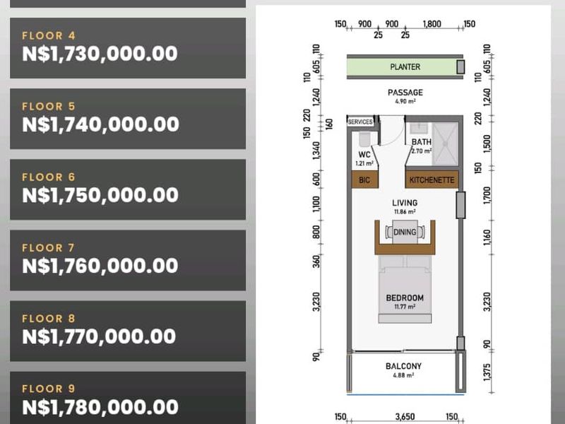 A detailed floor plan for a Type B standard suite, showing the layout of the bedroom, living area, kitchenette, bathroom, and balcony.