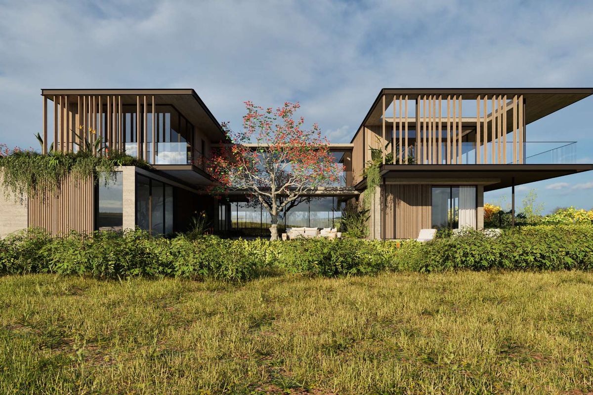 A modern architectural residence featuring timber slat detailing, expansive glass walls, and cantilevered upper levels overlooking a landscaped garden.