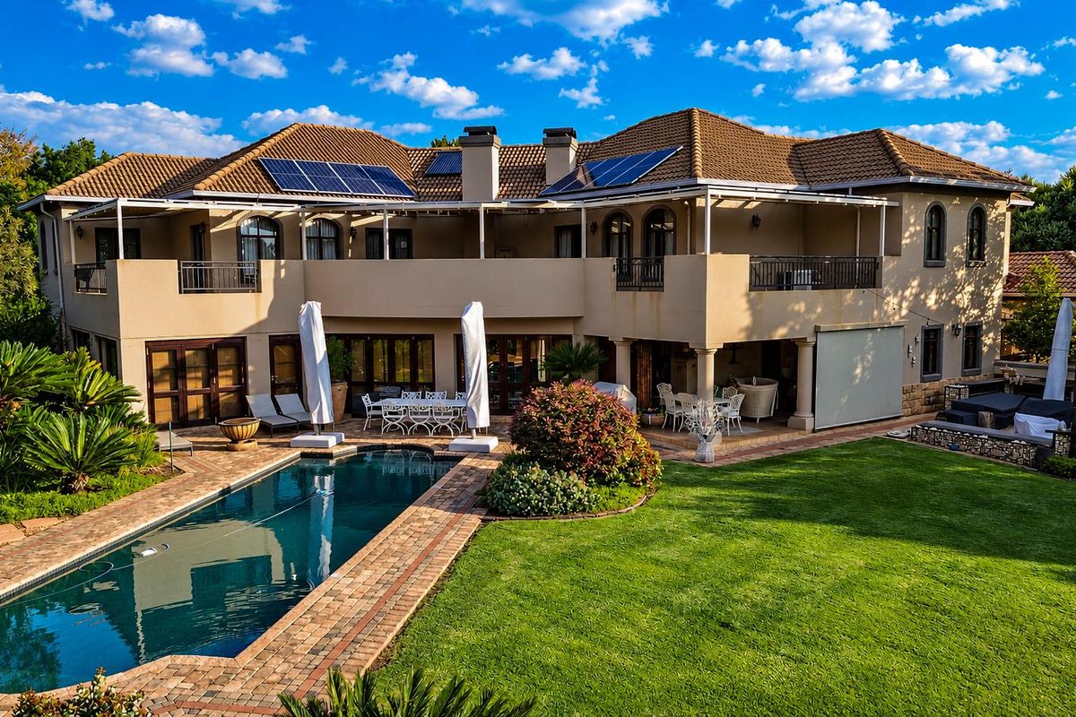 Spacious rear exterior view featuring a large swimming pool, manicured lawn, covered patio, balcony, and solar panels installed on the tiled roof.