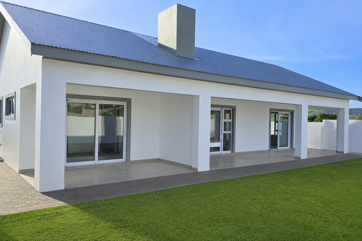 A well-maintained rear exterior view featuring a spacious covered patio, sliding glass doors, and a clean, modern facade with a corrugated metal roof.