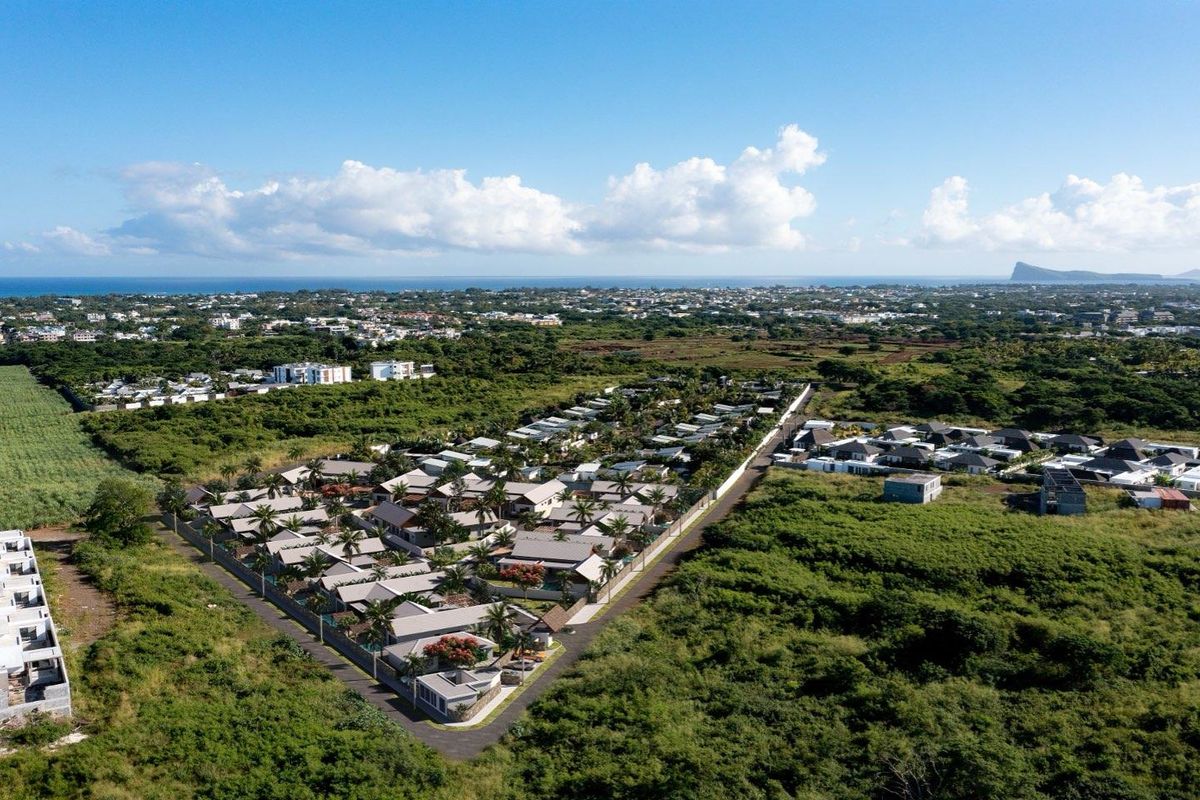 Aerial view of a residential estate development featuring multiple detached houses with landscaped grounds and surrounding natural vegetation.