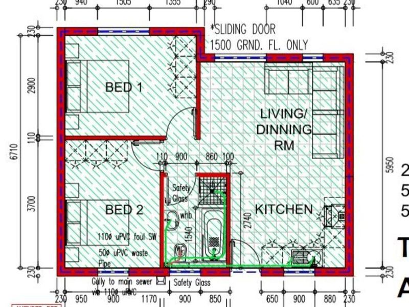 Architectural floor plan showing a two-bedroom apartment layout with an open-plan living, dining, and kitchen area, plus a bathroom.