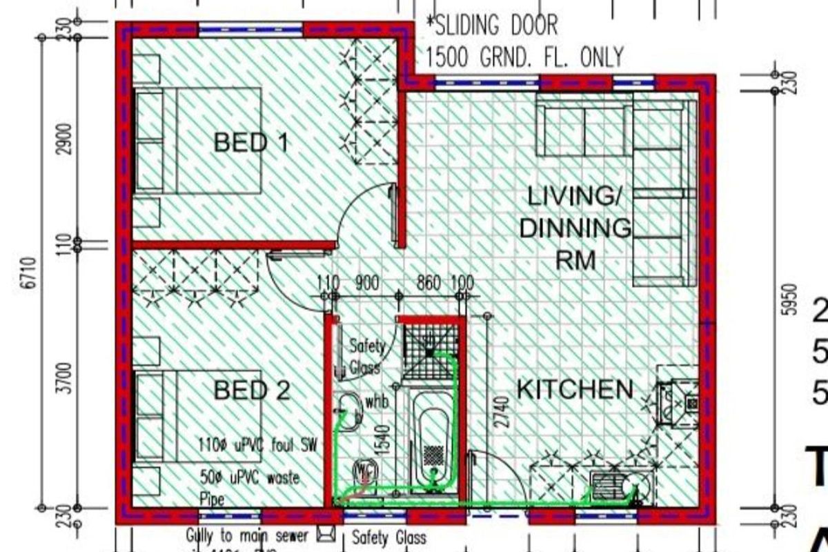 Architectural floor plan showing a two-bedroom apartment layout with an open-plan living, dining, and kitchen area, plus a bathroom.