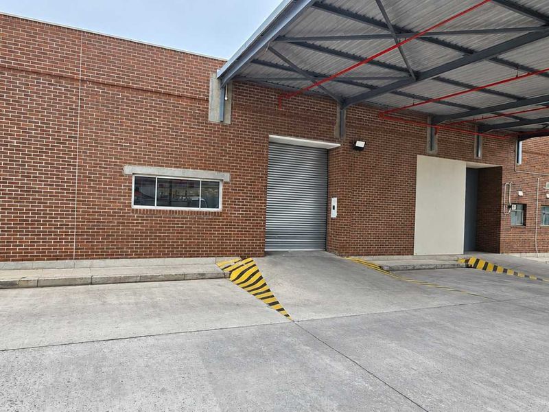 Industrial loading bay area featuring multiple roller shutter doors, a covered loading canopy, and durable concrete hardstand for efficient logistics operations.