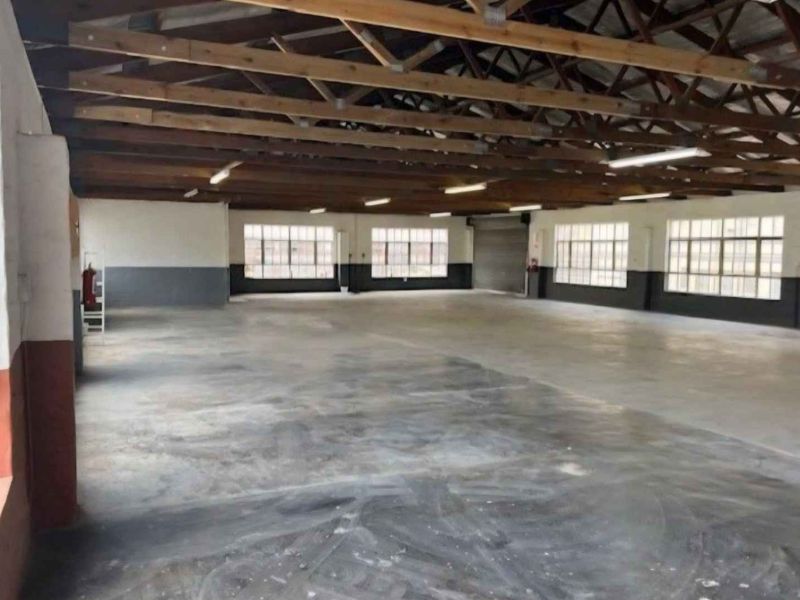 Spacious industrial utility area featuring exposed timber roof trusses, concrete flooring, large steel-framed windows, and a roller shutter door.