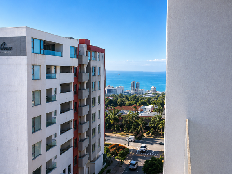 Elevated urban view from a balcony overlooking a street, surrounding apartment buildings, and the distant ocean coastline.