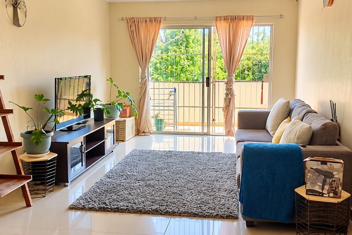 A bright living room featuring tiled flooring and a large sliding glass door that provides access to an outdoor area.