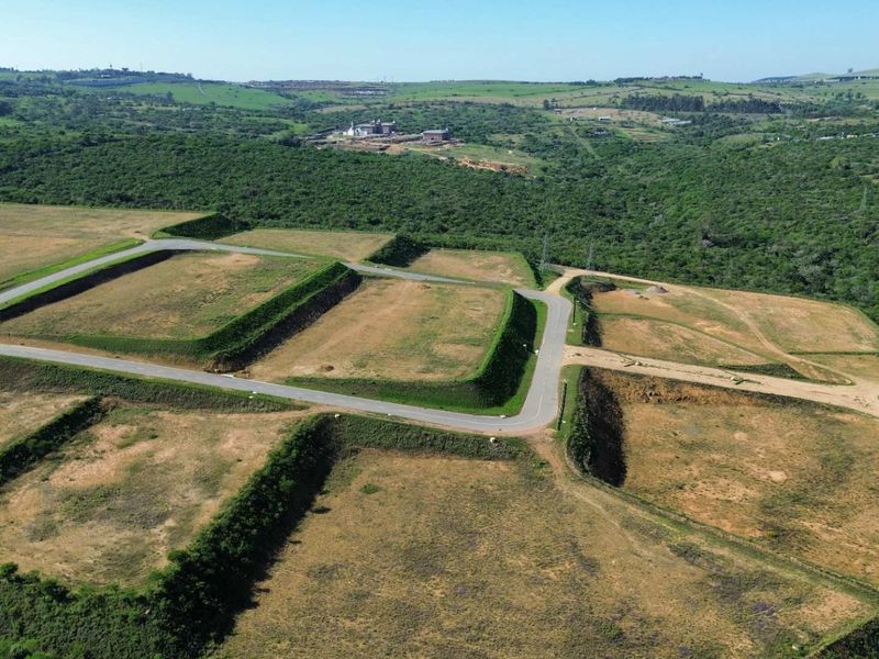 Aerial view of an industrial development site featuring prepared terraced platforms, paved internal road infrastructure, and surrounding natural landscape.