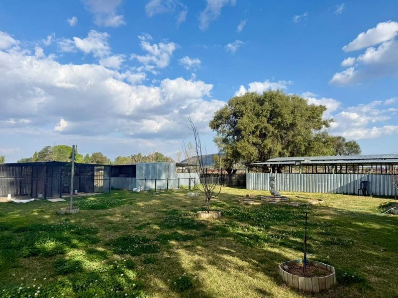 A spacious farm garden area featuring established trees, lawn, and functional corrugated metal enclosures suitable for livestock or utility purposes.