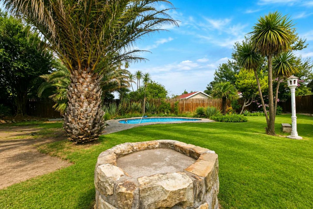 Spacious rear garden featuring a swimming pool, established palm trees, and a decorative stone feature, providing a private outdoor entertainment area.
