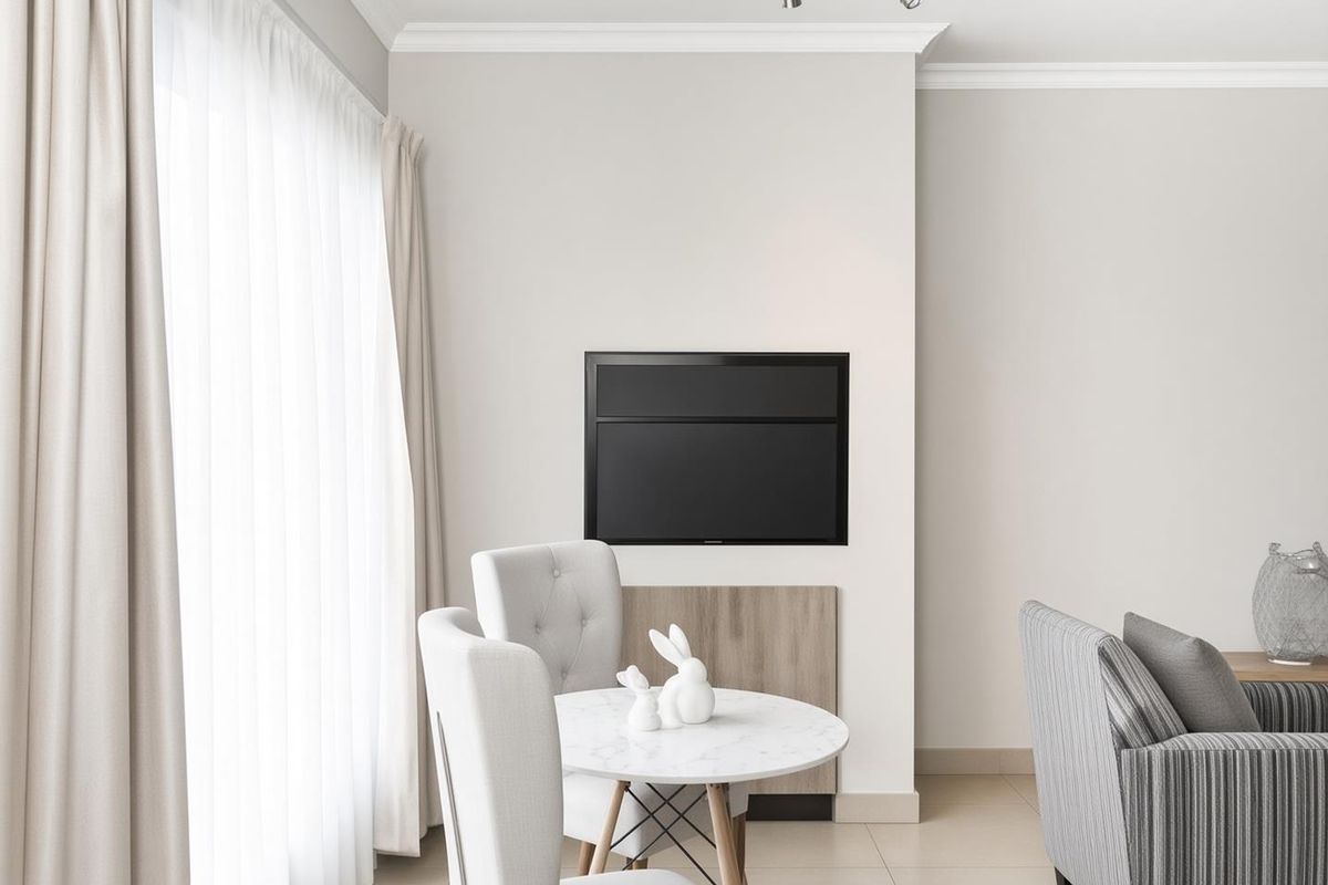 A bright living area featuring neutral walls, crown molding, tiled flooring, and a recessed wall mount for a television.