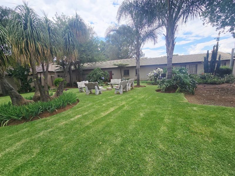 A well-maintained garden area featuring a manicured lawn, mature palm trees, and permanent concrete seating, set against the rear elevation of the cottage.