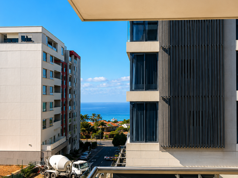 A clear view of the ocean and surrounding urban landscape captured from a modern apartment balcony with a glass balustrade.
