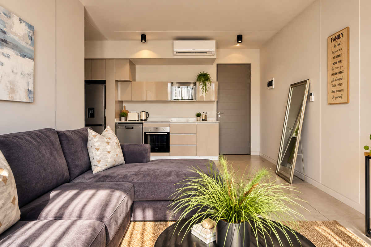 Modern open-plan living area featuring a compact kitchen with built-in cabinetry, integrated oven, and a split-system air conditioner.