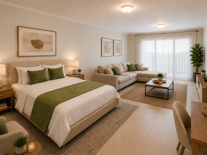 A spacious open-plan studio apartment featuring neutral tones, tiled flooring, and large sliding glass doors leading to a balcony, creating a bright living environment.
