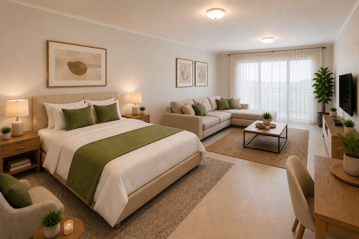 A spacious open-plan studio apartment featuring neutral tones, tiled flooring, and large sliding glass doors leading to a balcony, creating a bright living environment.