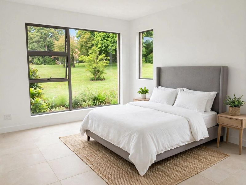 A bright and modern bedroom featuring large windows with garden views, neutral tiled flooring, and clean white walls.