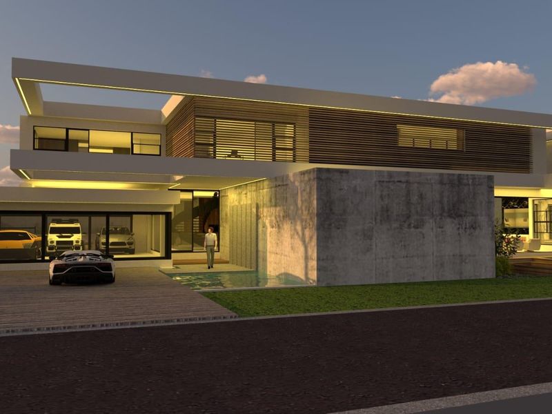 Modern architectural house exterior featuring concrete walls, timber slat detailing, integrated lighting, and a sleek water feature at the entrance.