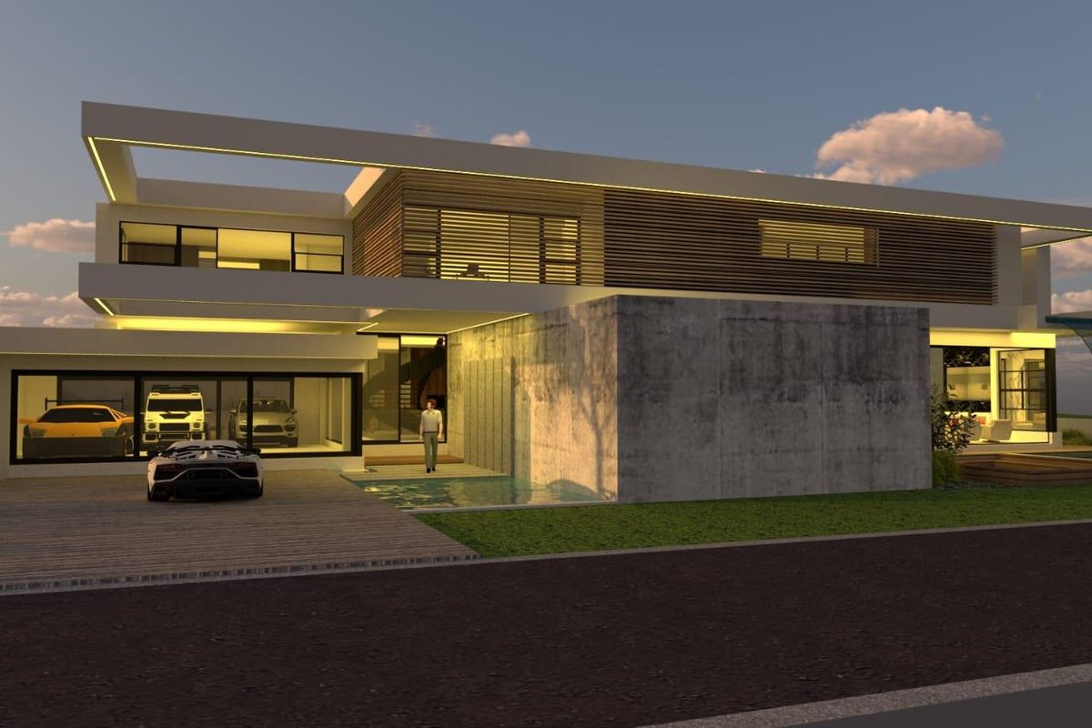 Modern architectural house exterior featuring concrete walls, timber slat detailing, integrated lighting, and a sleek water feature at the entrance.