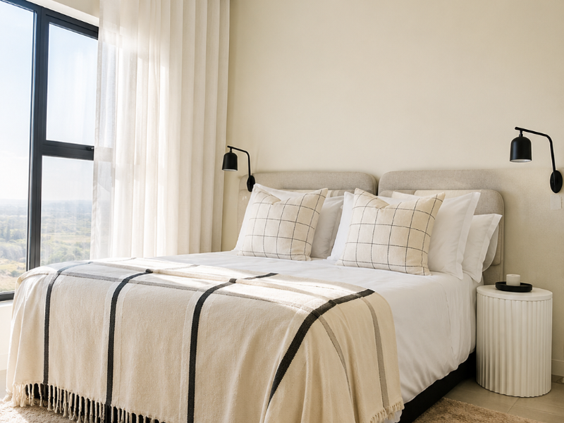 A bright and modern bedroom featuring large windows with natural light, neutral finishes, and sleek wall-mounted lighting fixtures.