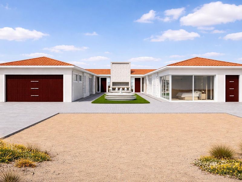 Modern U-shaped residence featuring a central courtyard with a fountain, terracotta roof tiles, and a spacious paved driveway.