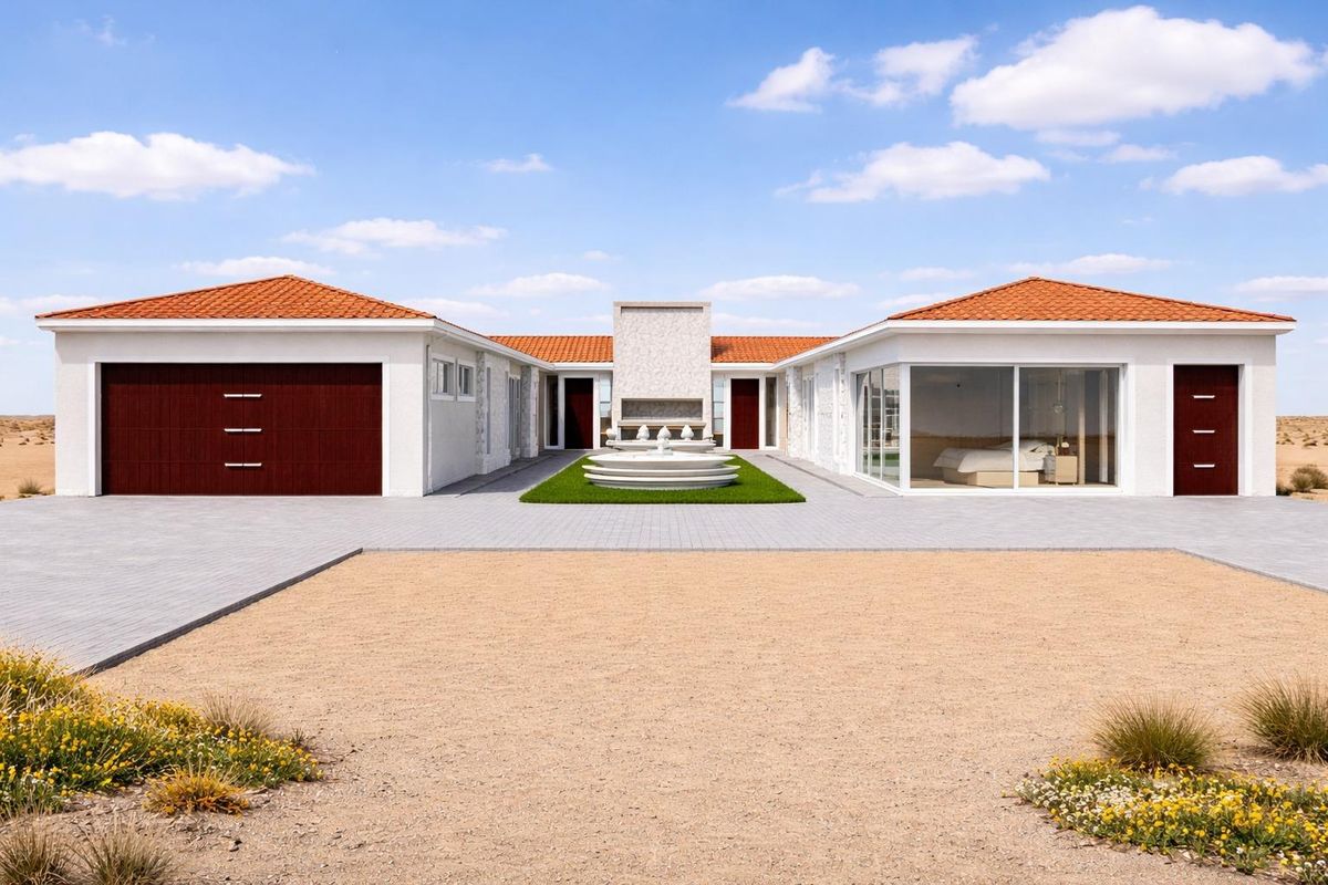 Modern U-shaped residence featuring a central courtyard with a fountain, terracotta roof tiles, and a spacious paved driveway.