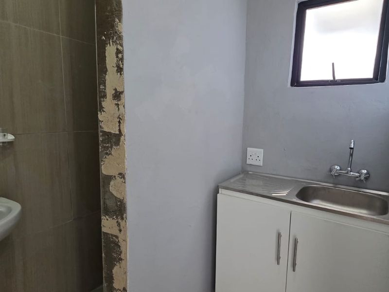 A bathroom space featuring a pedestal basin and a small vanity unit with a stainless steel sink, currently requiring finishing work on the walls.